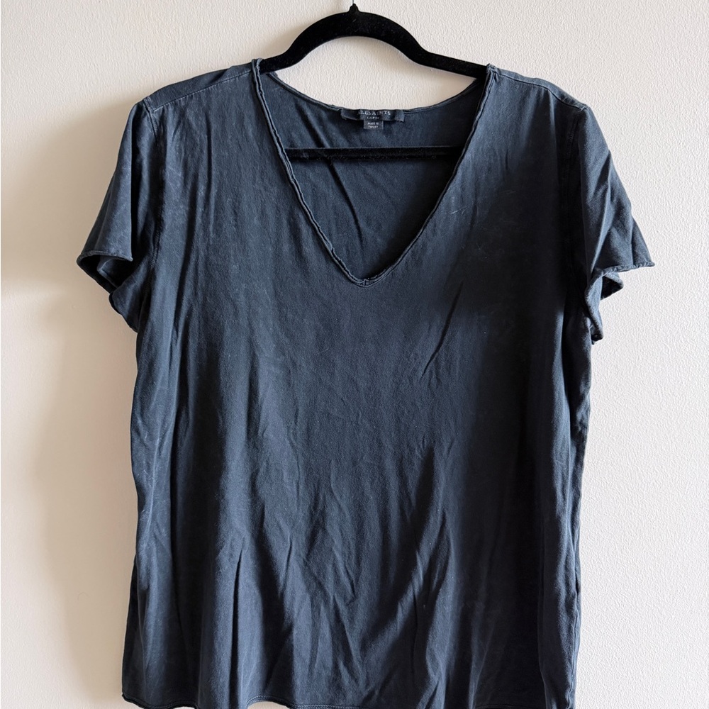 AllSaints Washed Black Raw-Edge V-Neck Short Sleeve Tee Large